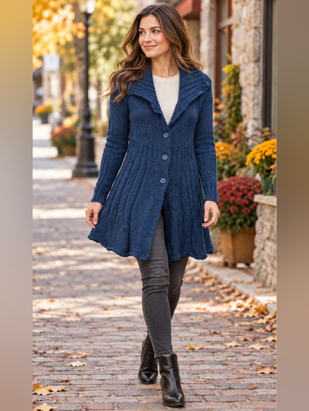 Chiaramente Women’s M Blue Solid Knit Collared Button Front Cardigan w/ Pockets